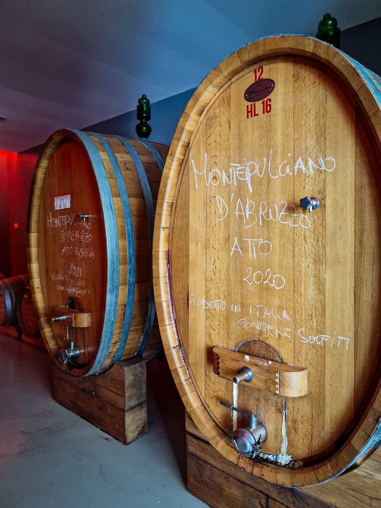 Visita Cantina Margiotta - Grandi botti in legno in una cantina con scritte a gesso, tra cui Montepulciano d'Abruzzo.